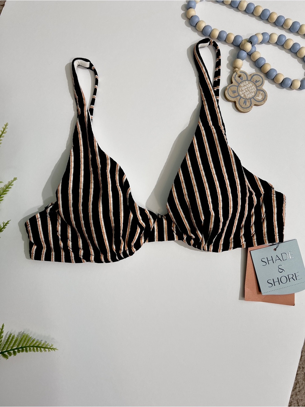 Shade & Shore Black and Cream Striped Bikini Top Size 32B